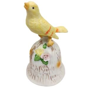 Vintage Ceramic Bell Yellow Bird with Raised Flowers by Price Products 5” Tall